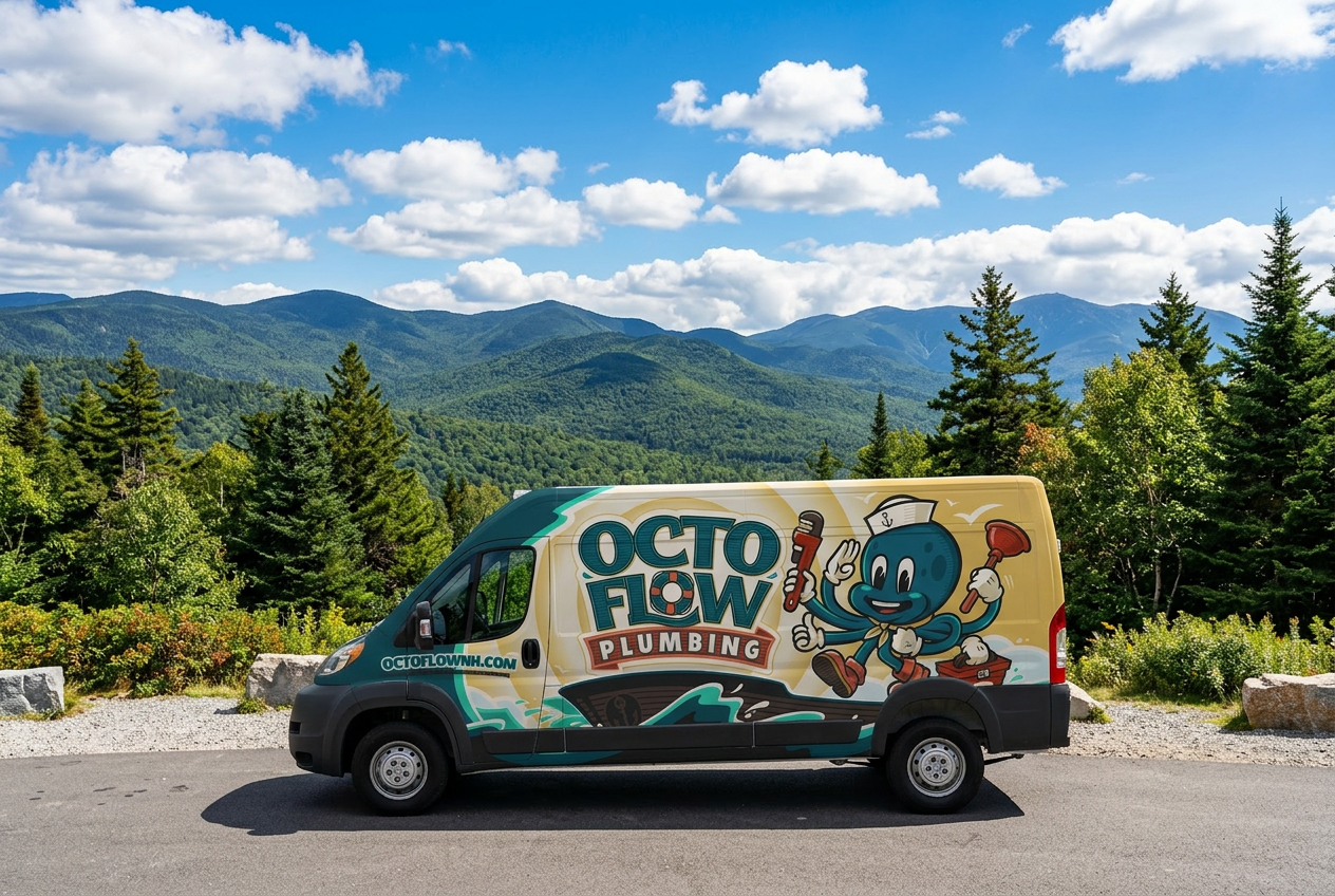 OctoFlow yellow service van with octopus mascot branding parked in front of the New Hampshire mountains